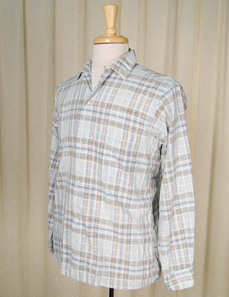 Vintage 1950s Mens Blue Plaid Loop Shirt Cats Like Us