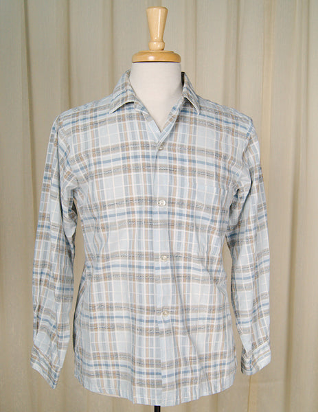 Vintage 1950s Mens Blue Plaid Loop Shirt Cats Like Us