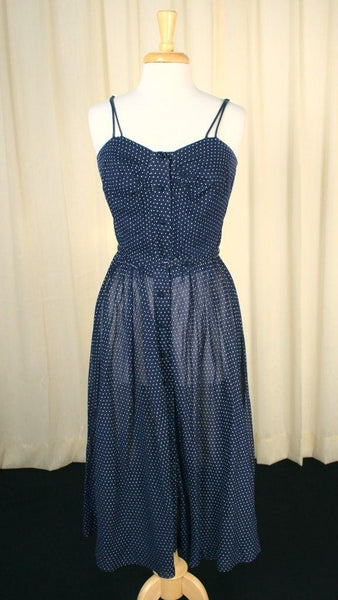 Vintage 1950s Navy Blue Swiss Dot Sun Dress Cats Like Us