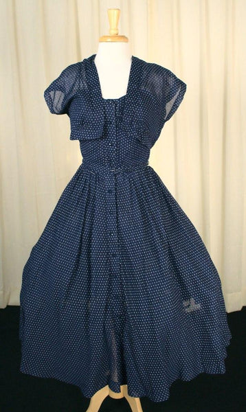Vintage 1950s Navy Blue Swiss Dot Sun Dress Cats Like Us