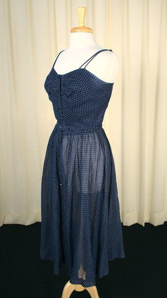 Vintage 1950s Navy Blue Swiss Dot Sun Dress Cats Like Us