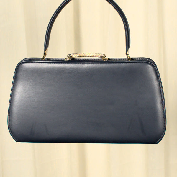 Vintage 1950s Navy Vinyl Gold Clasp Bag Cats Like Us