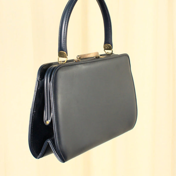 Vintage 1950s Navy Vinyl Gold Clasp Bag Cats Like Us