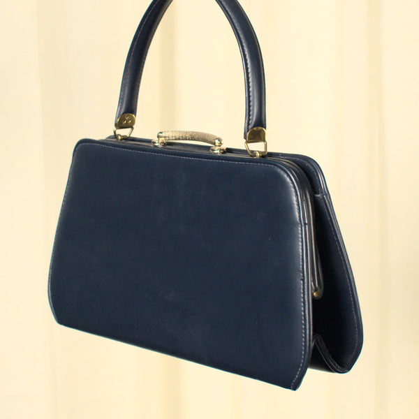 Vintage 1950s Navy Vinyl Gold Clasp Bag Cats Like Us