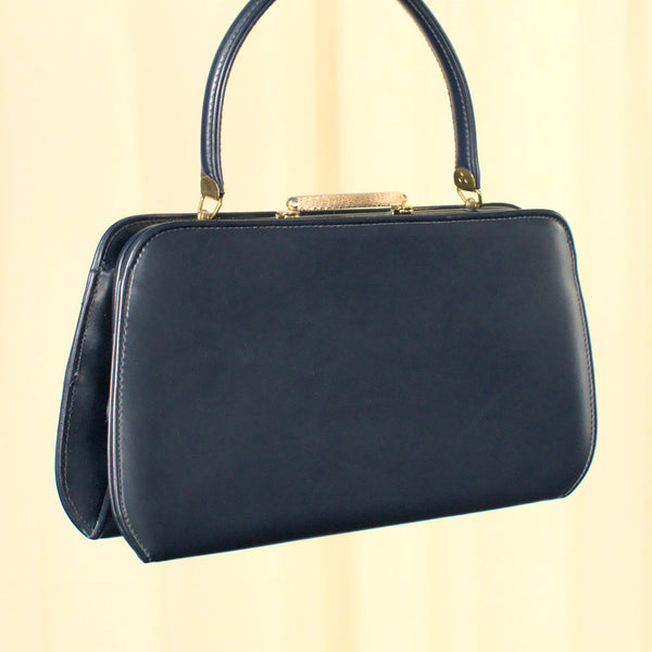Vintage 1950s Navy Vinyl Gold Clasp Bag Cats Like Us