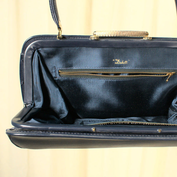 Vintage 1950s Navy Vinyl Gold Clasp Bag Cats Like Us