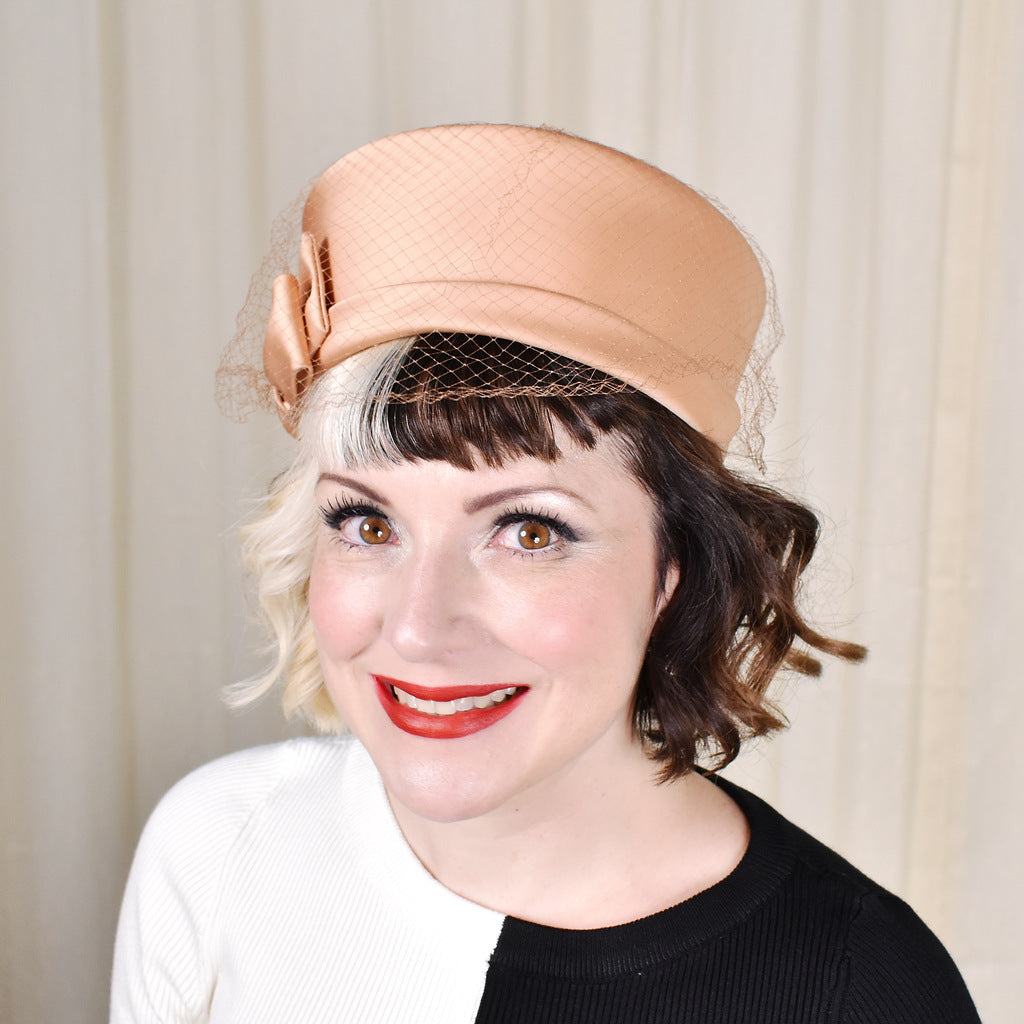 Vintage 1960s Tan Satin Pillbox Hat by Christine Original 