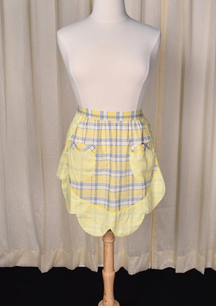 Vintage Gray & Yellow Plaid Scallop Daisy Apron Cats Like Us