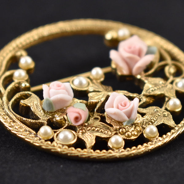 Vintage Pearl & Roses Circle Brooch Cats Like Us