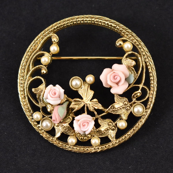 Vintage Pearl & Roses Circle Brooch Cats Like Us