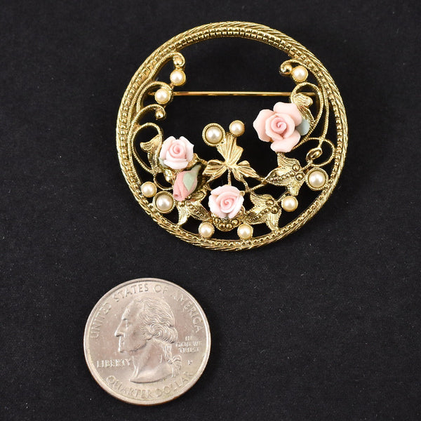Vintage Pearl & Roses Circle Brooch Cats Like Us