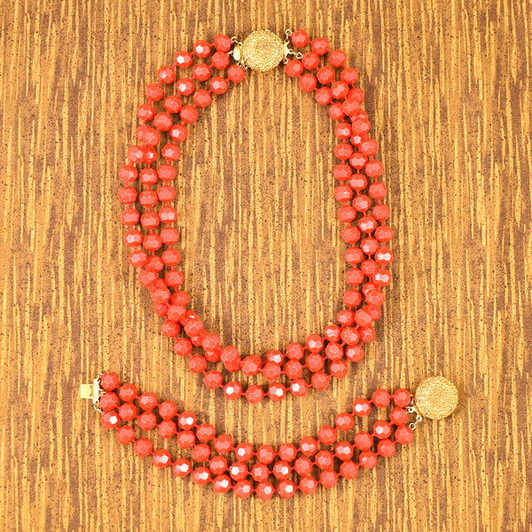 Vintage Red Bead Necklace & Bracelet Set Cats Like Us
