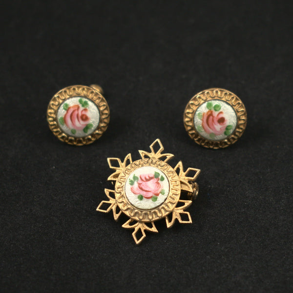 Vintage Rose Enamel Pin & Earring Set Cats Like Us
