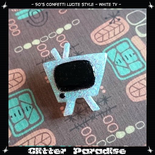 White Atomic Retro TV Brooch Cats Like Us