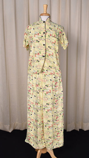 1940s Asian Novelty Print Rayon PJs Cats Like Us