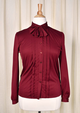 1940s Style Vintage Burgundy Bow Blouse Cats Like Us