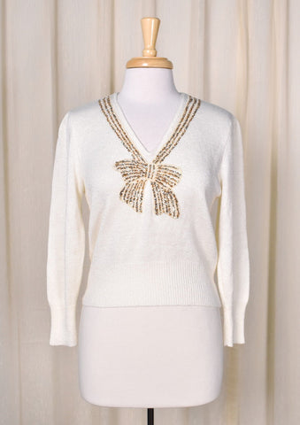 1940s Vintage Style Gold Bow Sweater Cats Like Us