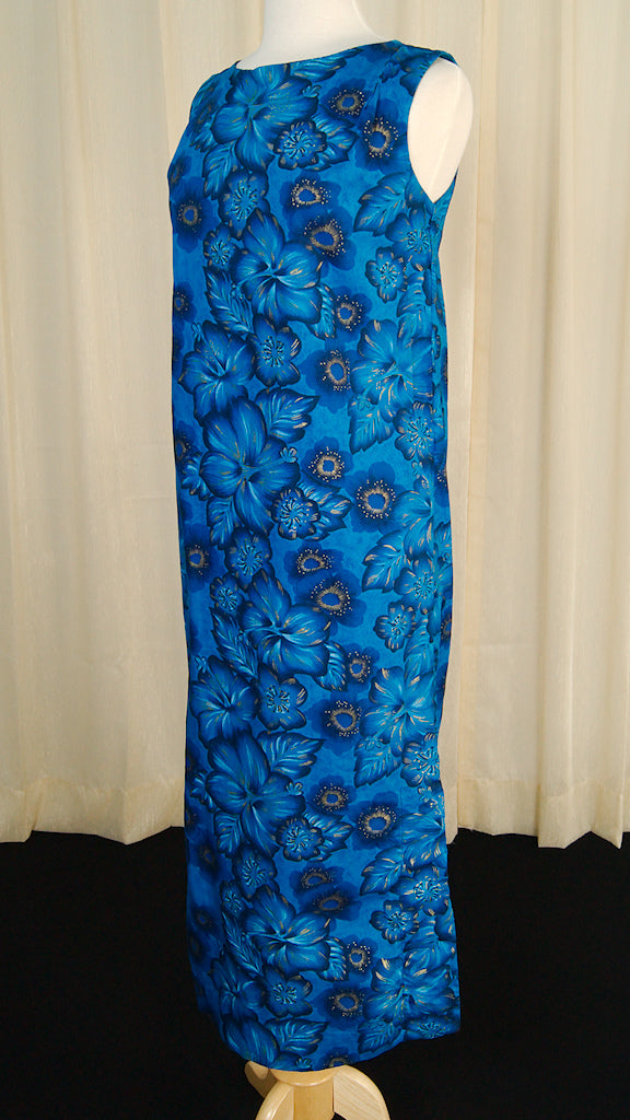 Vintage 1950s Blue Hibiscus Maxi Dress  Cats Like Us