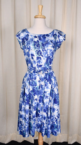 1950s Blue Sequin Floral Dress Cats Like Us