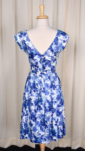 1950s Blue Sequin Floral Dress Cats Like Us