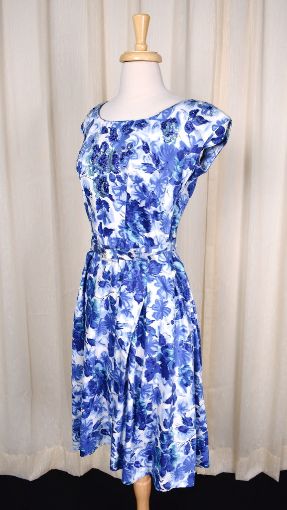 1950s Blue Sequin Floral Dress  Cats Like Us