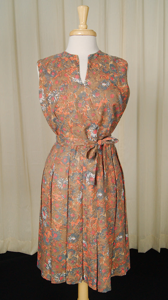 1950s Brown Floral Pleat Dress Cats Like Us