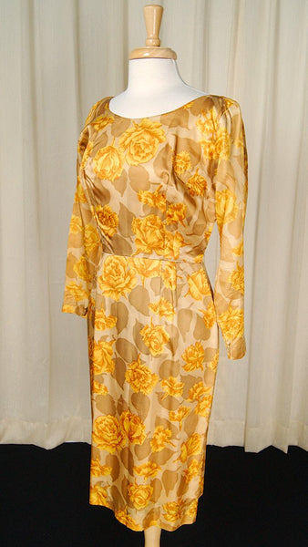 1950s Gold Rose Wiggle Dress Cats Like Us