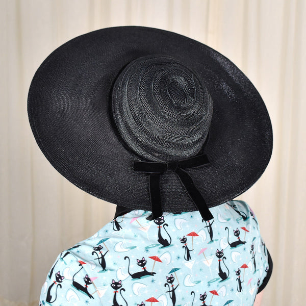 1950s Large Black Vintage Straw Hat Cats Like Us