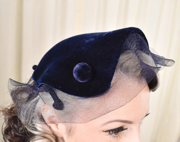 1950s Navy Velvet Vintage Curved Hat Cats Like Us