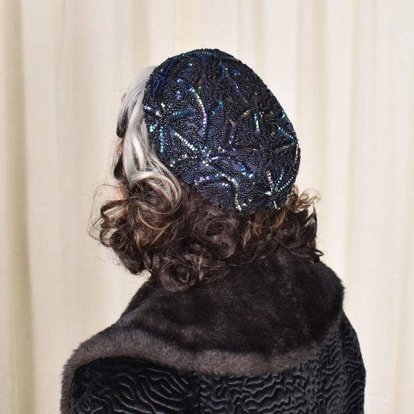 1950s Navy Vintage Sequin & Bead Hat Cats Like Us