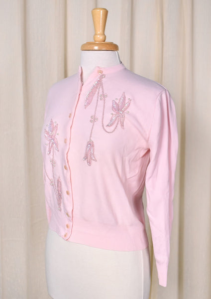 1950s Pink Sequin & Pearl Cardigan Cats Like Us