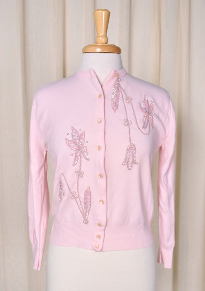 1950s Pink Sequin & Pearl Cardigan Cats Like Us