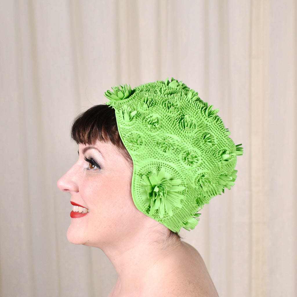 Selling 1972 Green Floral Swim Cap By Playtex Living Still In Box, One Size