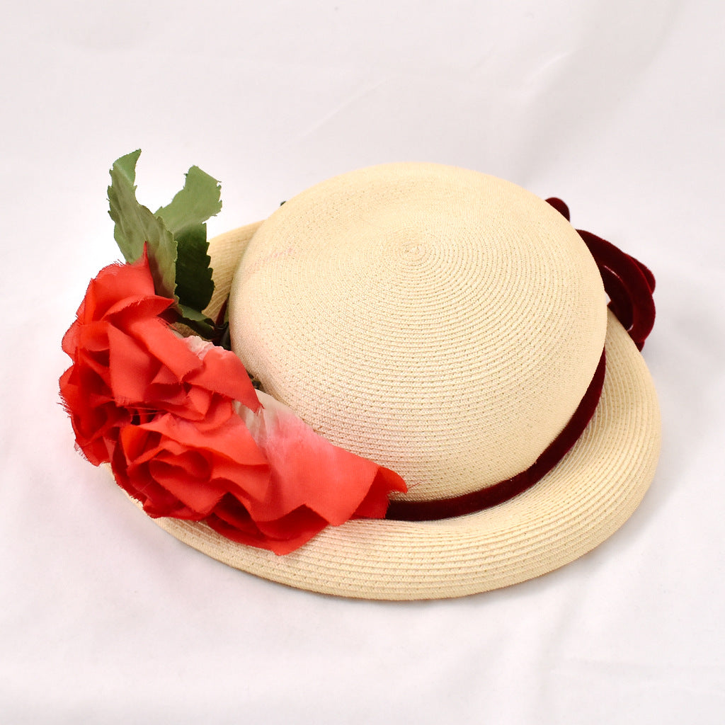 ? Vintage Fruit & Flower Straw Hat Red Velvet Ribbon Cottagecore Sun Hat NWOT ? Vintage Fruit & Flower Straw Hat Red Velvet Ribbon  main image 3