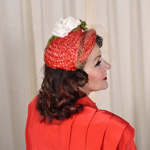 1950s Red Straw Cap W Roses Cats Like Us