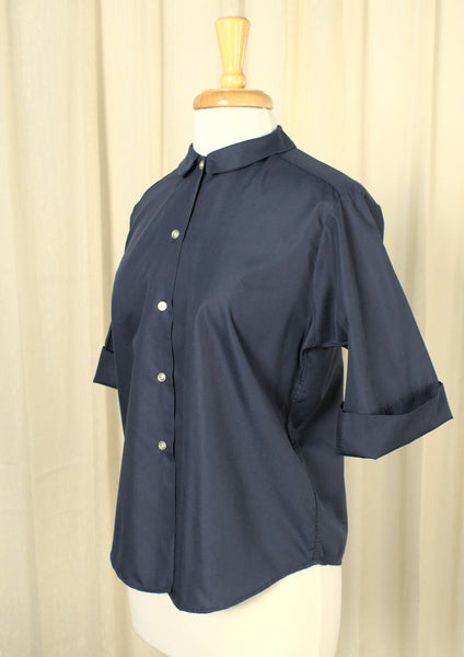 1950s Solid Navy Blue Vintage Blouse Cats Like Us