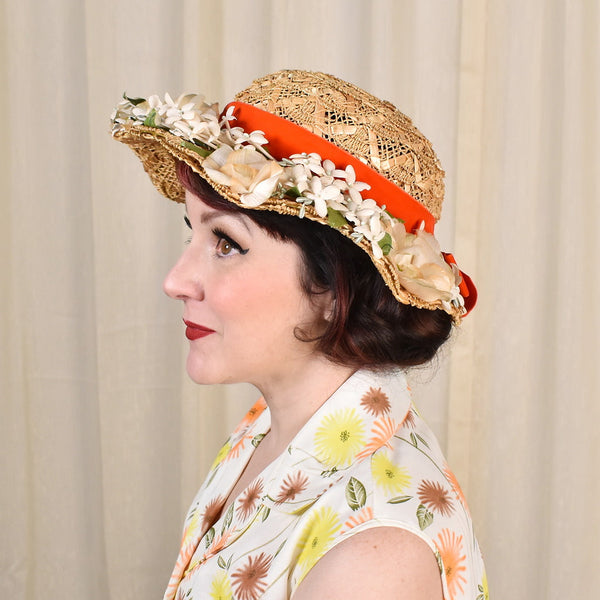 1950s Straw & Floral Brim Hat Cats Like Us