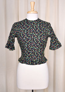 1950s Vintage Black Floral Ruffle Shirt Cats Like Us