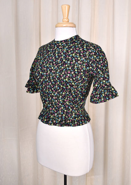 1950s Vintage Black Floral Ruffle Shirt Cats Like Us