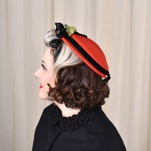 1950s Vintage Black Rose Red Wool Hat Cats Like Us