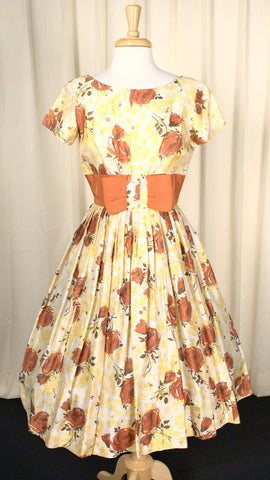 1950s Vintage Bronze Roses Party Dress Cats Like Us