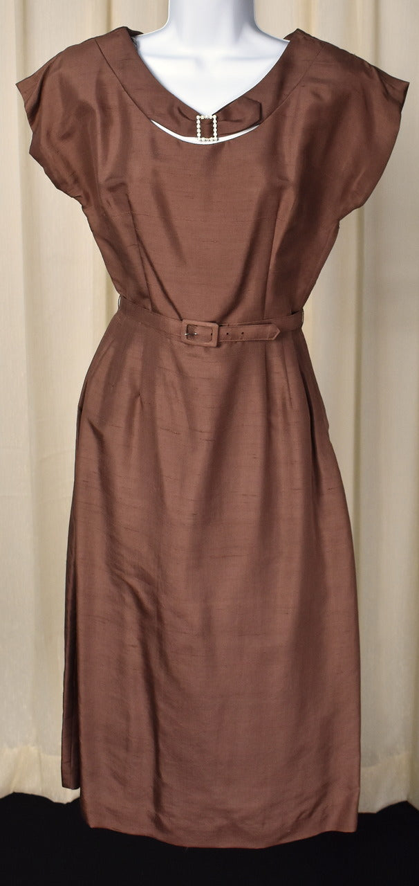 1950s Vintage Brown Silk Rhinestone Dress 1950s Vintage Brown Silk Rhinestone Dress