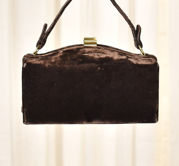 1950s Vintage Brown Velvet Box Handbag Cats Like Us