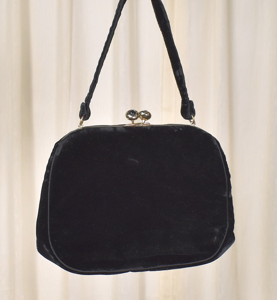1950s Vintage Deep Black Velvet Handbag Cats Like Us
