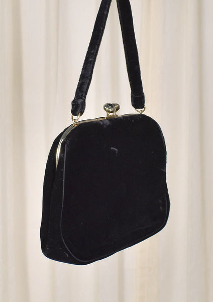 1950s Vintage Deep Black Velvet Handbag Cats Like Us