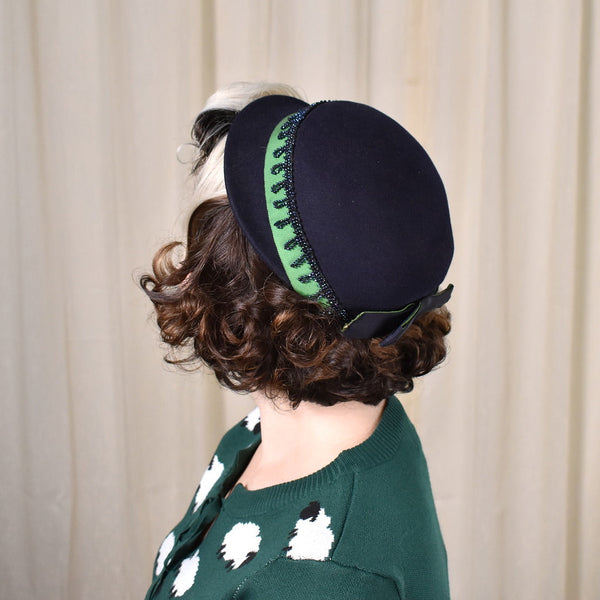 1950s Vintage Navy & Green Wool Hat Cats Like Us