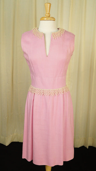 1950s Vintage Pink Linen Trim Dress Cats Like Us