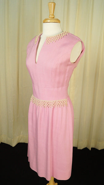 1950s Vintage Pink Linen Trim Dress Cats Like Us