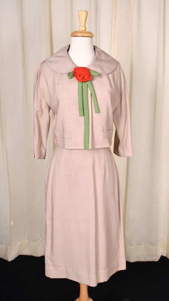 1950s Vintage Red Rose Tan Skirt Suit Cats Like Us