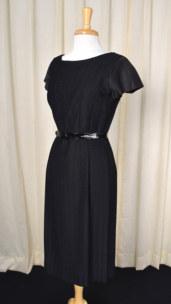 1950s Vintage Satin Sleeve Textured Black Dress Cats Like Us